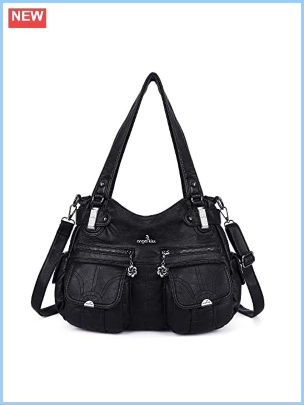 Large Washed PU Leather Satchel Double Zipper Multi Pocket Shoulder Bag